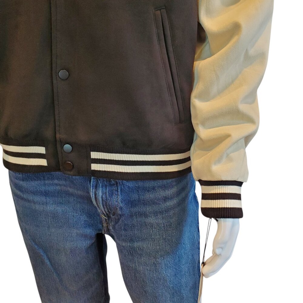 NEW HUDSON & BARROW SZ L Faux Suede ACTIV Athletic Varsity Bomber Jacket Black - Picture 5 of 9